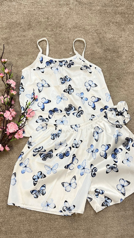 ست لباس خواب ساتن پروانهای مدل Blue Butterfly