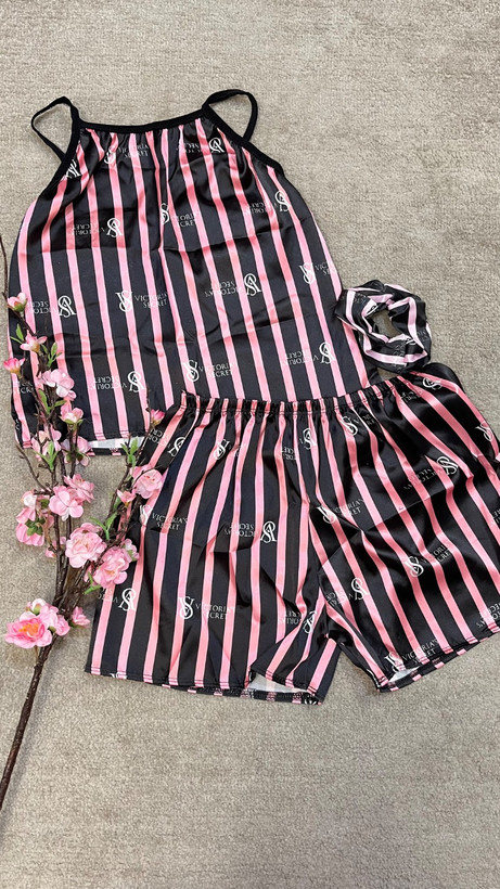 ست تاپ و شلوارک ساتن راهراه مدل Pink Black Stripe