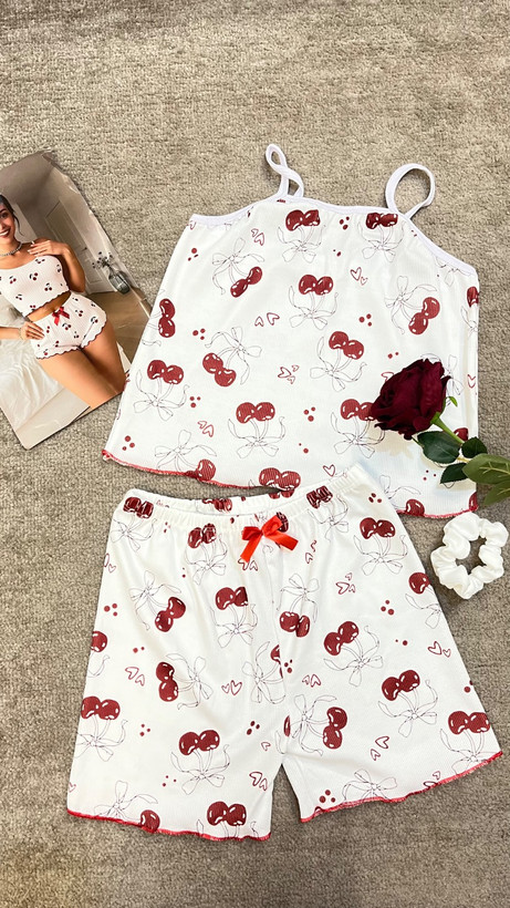 ست لباس خواب دخترانه طرح آلبالو cherry – رنگ سفید قرمز