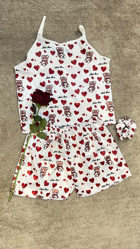 ست تاپ و شلوارک ساتن طرح قلب ولنتاین-Valentine's heart