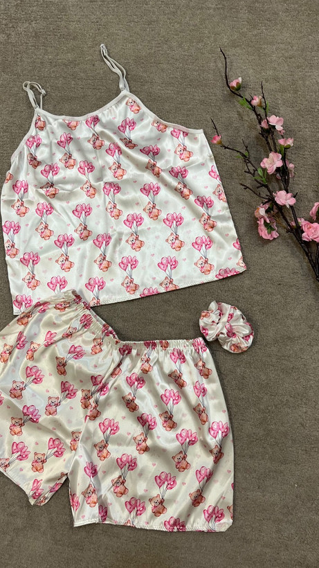 ست تاپ و شورتک ساتن ابریشم طرح خرس و بادکنک (مدل Teddy Pink)